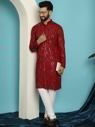Men's Sequinned Cotton Maroon Kurta With Churidar-36