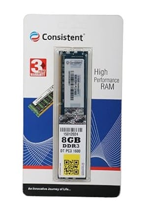 Consistent 8GB DDR3 1600MHz Desktop RAM (Memory) U-DIMM | Long-DIMM | DT PC3-1600 Single Channel Memory with 3 Years Manufacturer Warranty (Made in India)