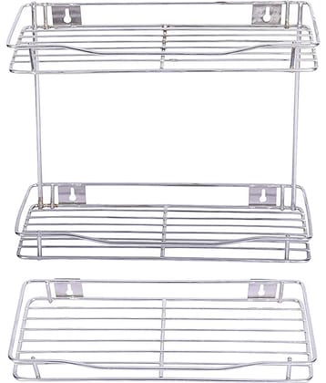 JISUN Combo Detergent Holder/Bathroom Racks & Shelves/Kitchen Racks/Multipurpose Holder - 2 Shleves 12" X 6 X 12" Inches & 1 Shelf 12" X 6" Inches Stainless Steel Wall Shelf
