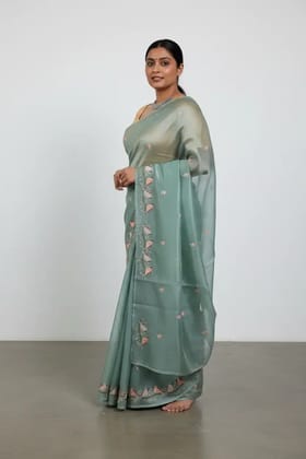 Sea Green Kota Doria Cotton-Silk Saree with Block Print Buti and Zari Border