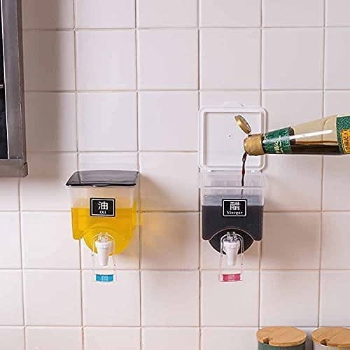 Wall Mounted Oil Dispenser,Transparent Liquid Seasoning Food Dispenser,Wall Hanging Oil Box, Oil Storage Tank,Leak-Proof Soy Sauce Vinegar Liquid Tank,Storage Bottle Kitchen Organizer