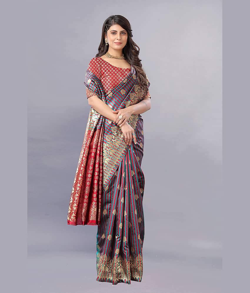 Gazal Fashions Banarasi Silk Embellished Saree With Unstitched Blouse Piece ( Multicolour )