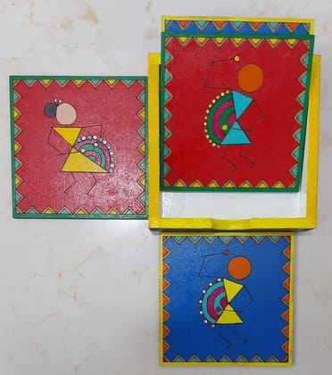 Kalakrishta Handpainted Warli Style Coaster Set of 4