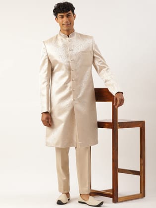 Ivory Gold Jacquard Achkan Set-S/38 / Indo Pant Set