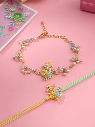 NVR Set of 2 Multicolor Gold Toned Radha Krishna Beaded Bhaiya Bhabhi Rakhi with Roli Chawal Chandan & Mishri-One Size / Multicolor