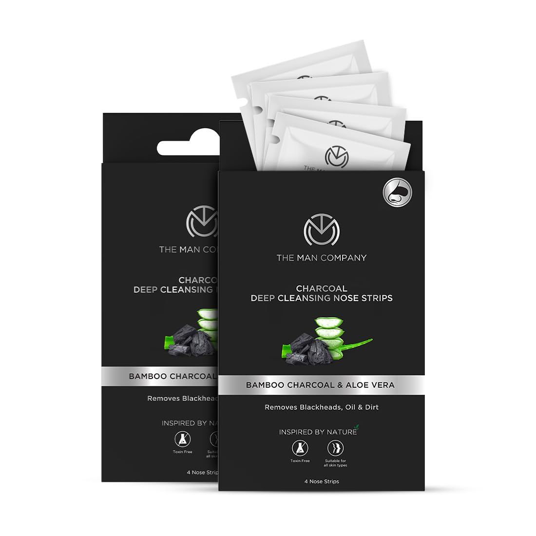 The Man Company Charcoal Nose Strips for Whitehead & Blackhead Remover | Pores Cleanser | With Natural Aloe Vera Extract | Improves Skin Texture - 4 Strips (Pack of 2) The Man Company Charcoal Nose Strips for Whitehead & Blackhead Remover | Pores Cleanse