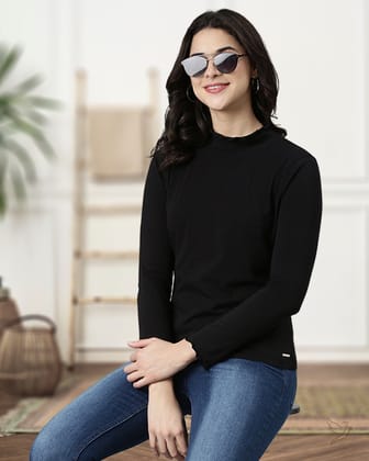 High Neck Frill Tee - Black-M / Black