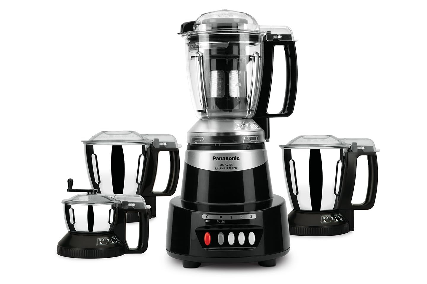 Panasonic Heavy Duty Mixer Grinder For Kitchen MX-AV425 (Charcoal Black) Elements Series Powerful 1500W(MMLW) 4 Jar(Three-304 Stainless Steel & 1Juicer Extractor Jar)|5 Years Motor Warranty Panasonic Heavy Duty Mixer Grinder For Kitchen MX-AV425 (Charcoa