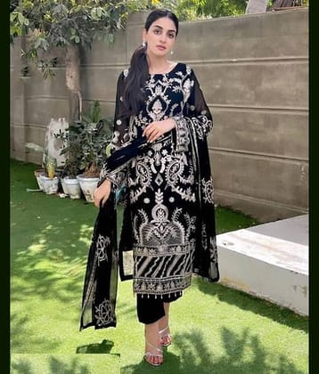 piludi Georgette Embroidered Kurti With Pants Women's Stitched Salwar Suit - Black ( Pack of 1 )