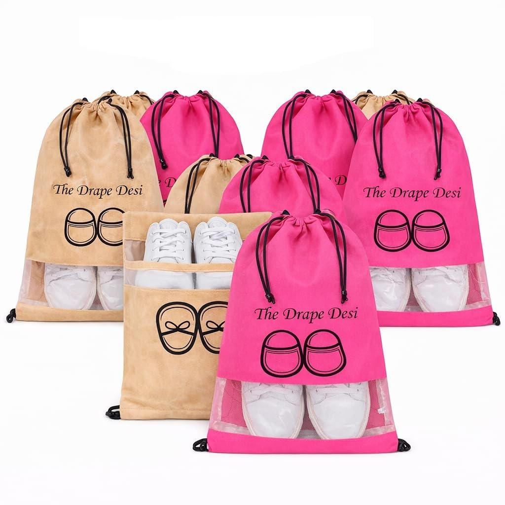 The Drape Desi Transparent Shoe Bag for Travel & Storage | Shoe Cover Pouch for Men & Women | 5 Rose Pink & 5 Brown Colour Bag Pack of 10 pcs