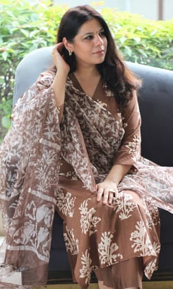 Cotton Handblock Brown Print Suit with Kota Doria Dupatta-XXS