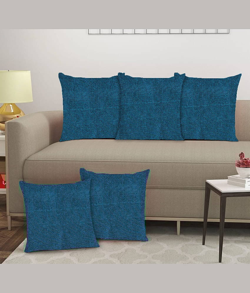 Crosmo Set of 5 Jute Solid Square Cushion Cover (40X40)cm - Blue