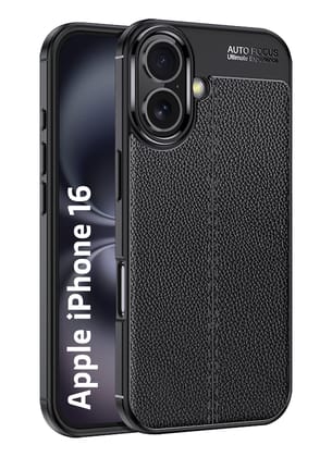 Vegan Leather Rugged Flexible TPU Series Shockproof Armor Back Cover for Apple iPhone 16, 6.1 inch, Black
