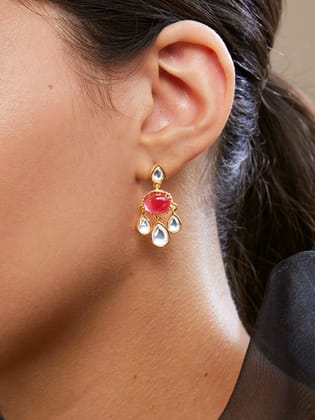 Copper Cubic Zirconia Crystal Ruby Red Gold Dangler Drop Earring Women-GOLD