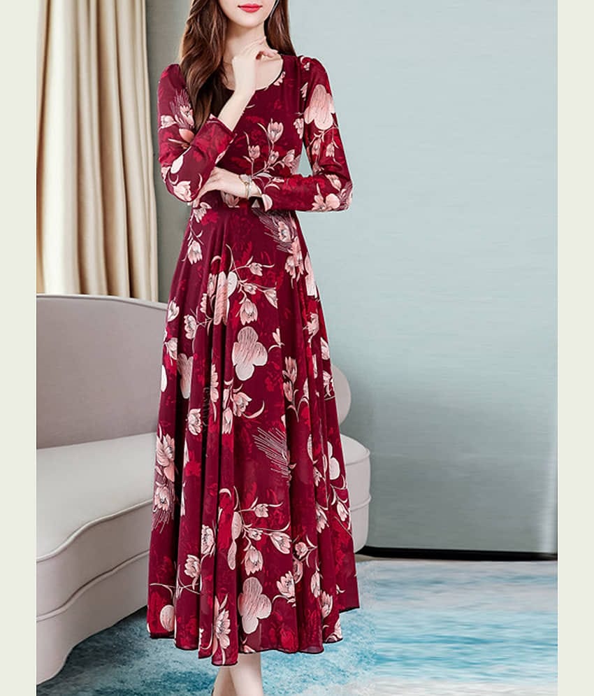 Raabta Fashion Women Crepe Printed Fit & Flare Dress ( Maroon )