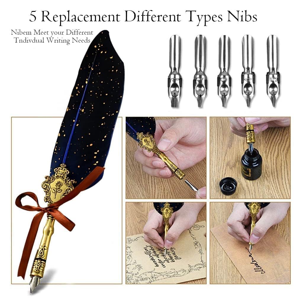 Quill Pen Ink Wax Seal Stamp Gift Set, Feather Pen Ink Set Includes Feather Dip Pen,Ink,5 Replacement Nibs,3 Wax Seal Sticks,Pen Nib Base,Seal Stamp, White Wax,Spoon, Valentine Gift