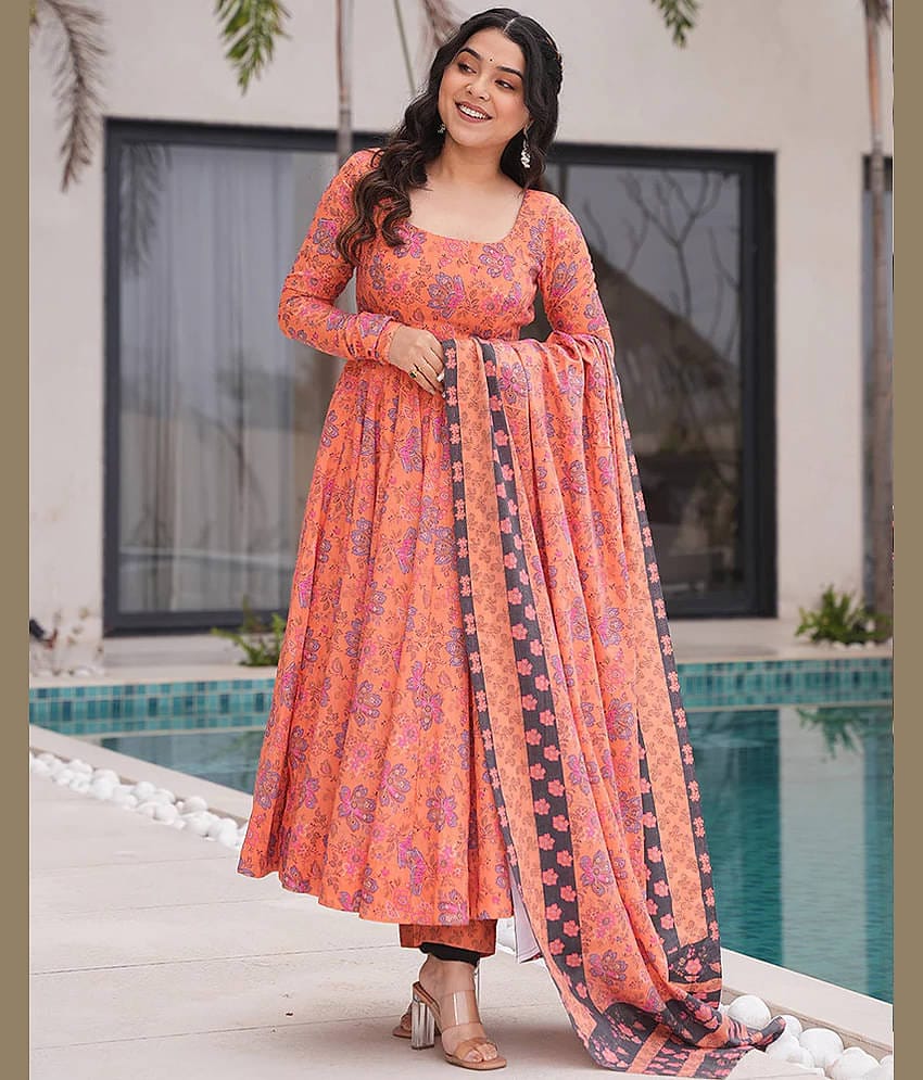 kedar fab Women Rayon Printed Anarkali Kurti With Pants ( Peach )