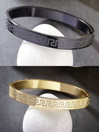 NVR Men Set of 2 Gold & Black Rhodium-Plated  Stainless Steel Kada Bracelet-Black / Male / Adults