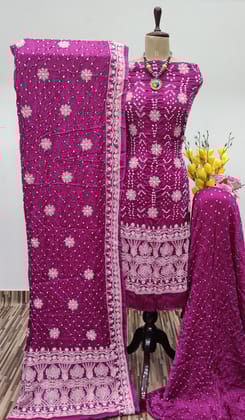 Modal Silk Lakhnavi Thread Embroidery work Bandhani Dress Material (Unstitched)-Magenta