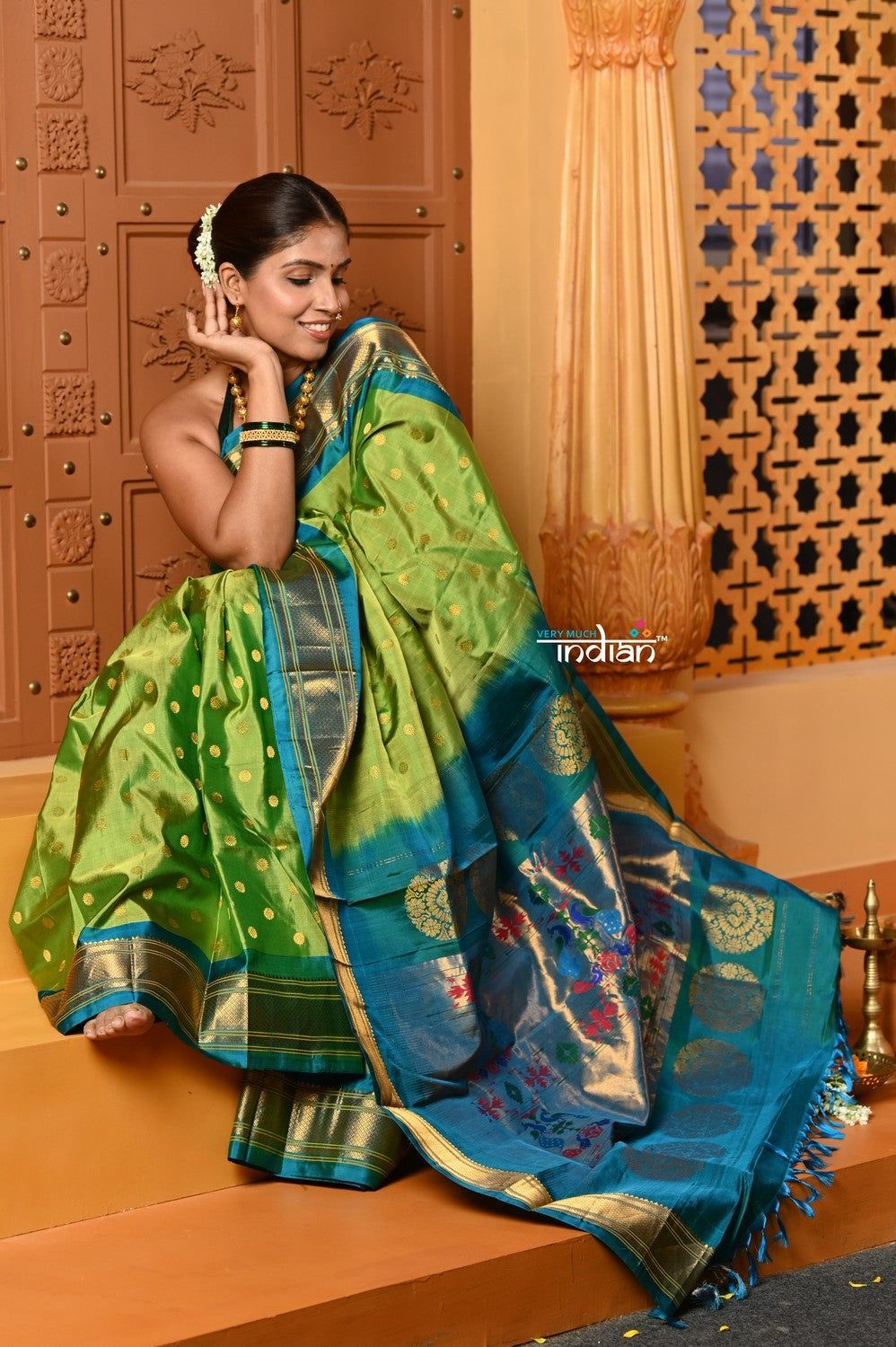 Shubh ~ Handloom Pure Silk Maharani Paithani with Majestic Maharani Pallu in Magfire Green