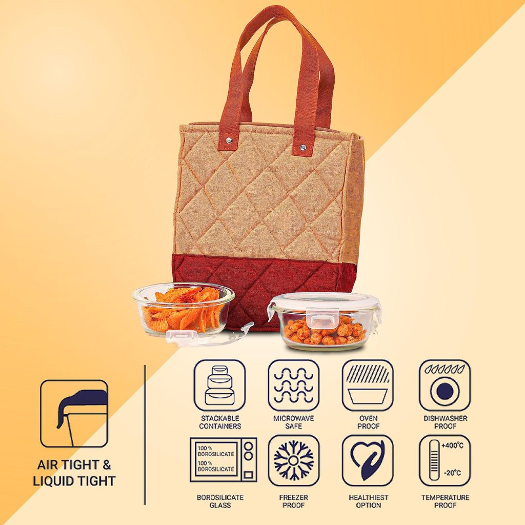 Femora Borosilicate Glass Microwave Safe Container Multipurpose Lunch Box for Office, Maroon, Rectangle-400 ml (2 Container), Rectangle-620 ml (1 Container).