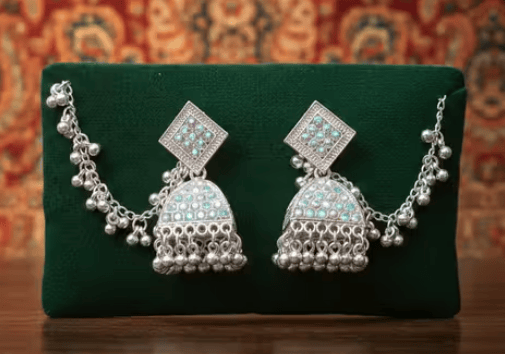 Oxidize silver plated AD stone jhumka