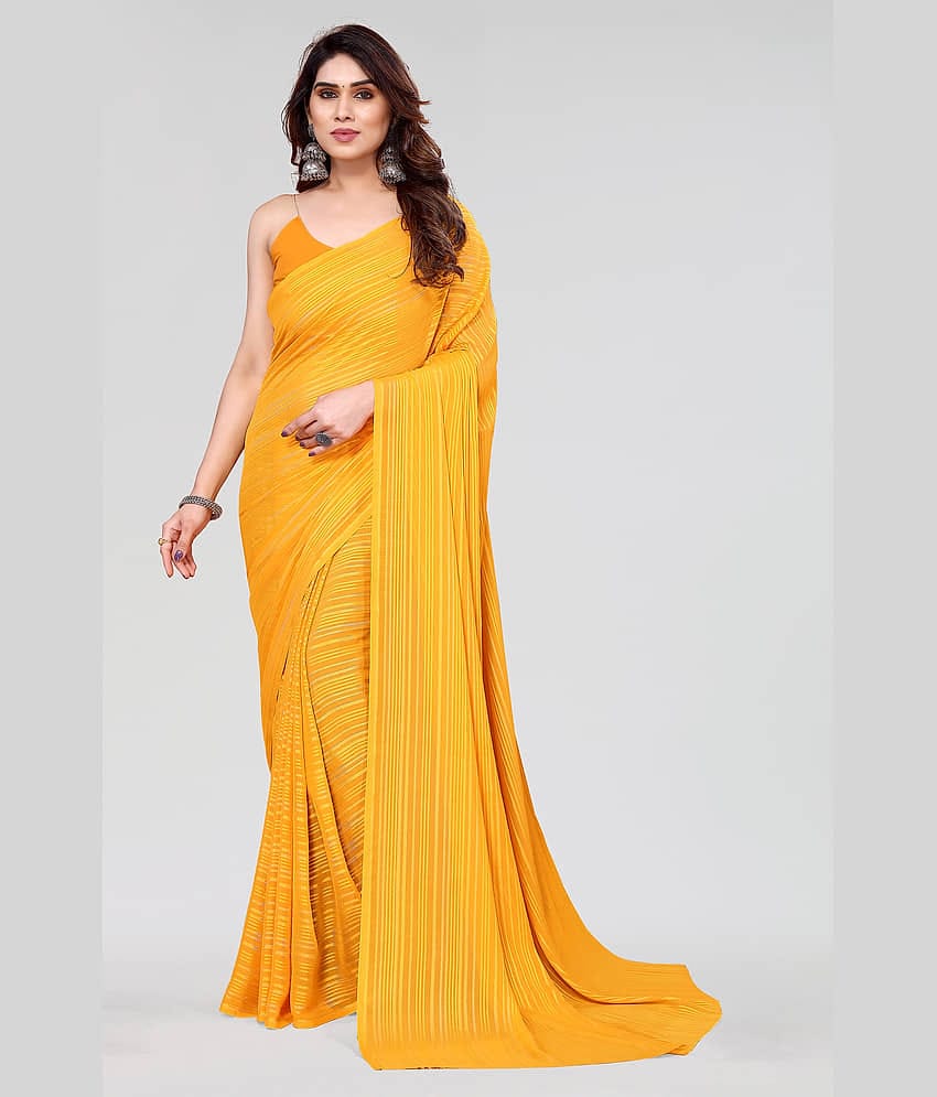 ANAND SAREES Satin Striped Saree With Unstitched Blouse Piece ( Yellow )