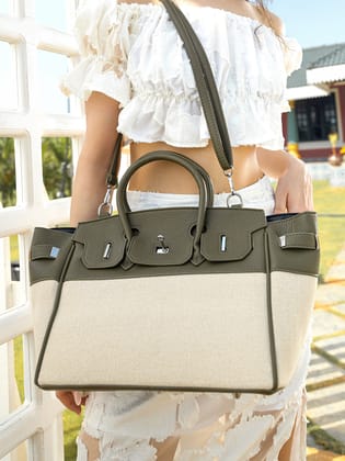 The Panel-Overlap Satchel Bag - Off-White:Olive Green-Handbag