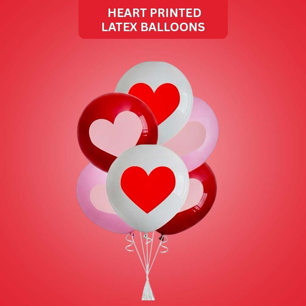 Red White Pink Heart Printed Latex Balloons 12" - Pack of 6 - Party and Festive Needs | Buy online on ZillyBuy