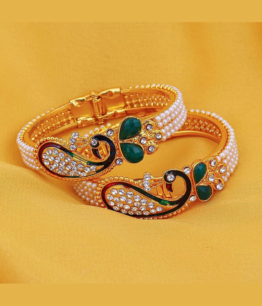 Sukkhi Glittery Pearl Gold Plated Peacock Meenakari Austrian Diamond Kada Combo For Women