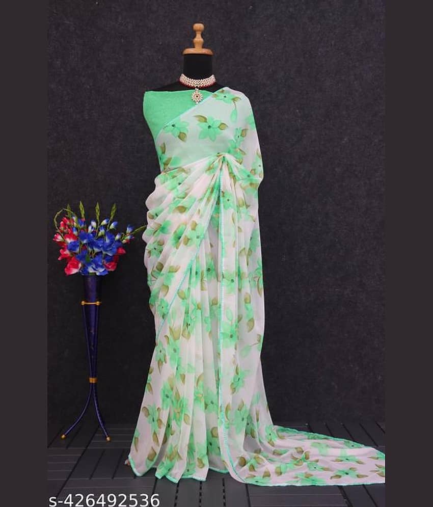 Gullak Georgette Printed Regular Saree With Unstitched Blouse Piece ( green )