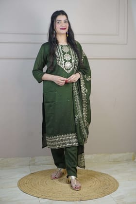 Green Colour Zari Work Straight Kurta Set with Pant & Dupatta-L / Dark Green