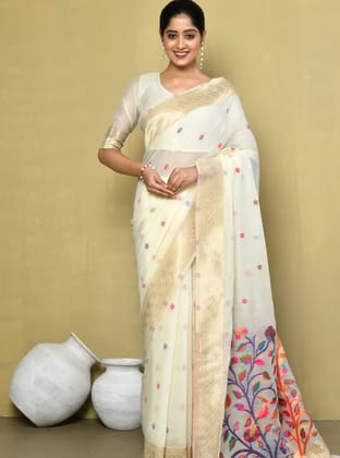Off-white floral cotton  Saree