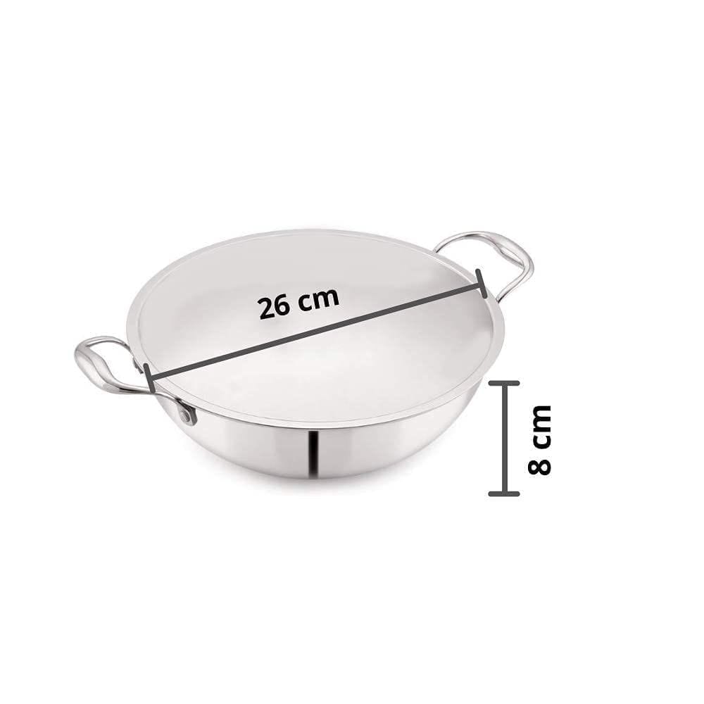 Femora Stainless Steel Tri-ply Deep Frying Kadhai Pan with Zero Non-Stick Coating with Glass Lid (Silver, 26 cm Capacity 3.2 L )