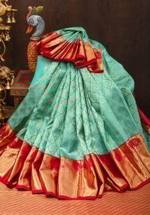 Turquoise Blue Zari Brocade Kanjivaram Silk saree With Contrast Red Border | SILK MARK CERTIFIED