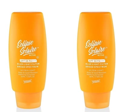 Eclipse Solaire Active Mattifying Sunscreen SPF 50 PA+++ | No White Cast | UVA/B, Blue Light Protection | Non-Greasy | All Skin Types|60Ml each (Pack of 2)