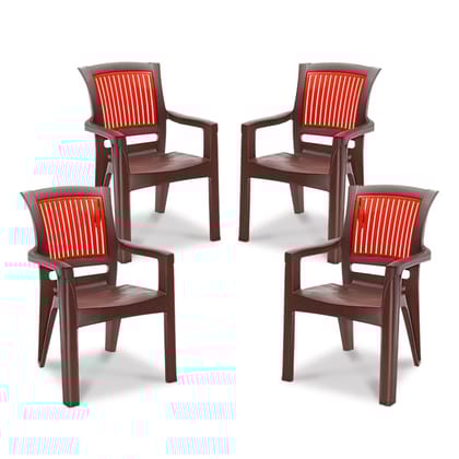 MAHARAJA Plastic Chair Set | Matt Pattern Chair for Home, Kitchen, Living Room, Office | Strong and Sturdy Structure | Bearing Capacity Up to 200Kg (Brown & Red, Pack of 4)