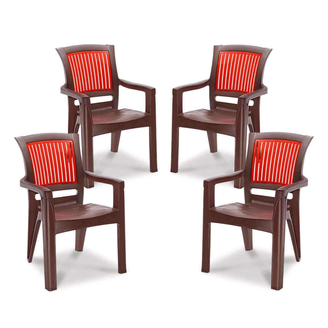 MAHARAJA Plastic Chair Set | Matt Pattern Chair for Home, Kitchen, Living Room, Office | Strong and Sturdy Structure | Bearing Capacity Up to 200Kg (Brown & Red, Pack of 4)