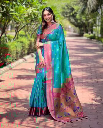 Marathi Mood Paithani Silk Zari Weaving Sea Green Saree