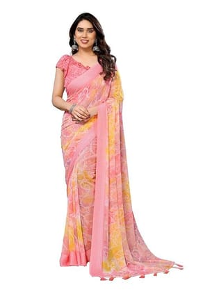 Women's Printed Georgette Saree With Woven Square Box Satin Patta Border Women's Printed Georgette Saree With Woven Square Box Satin Patta Border