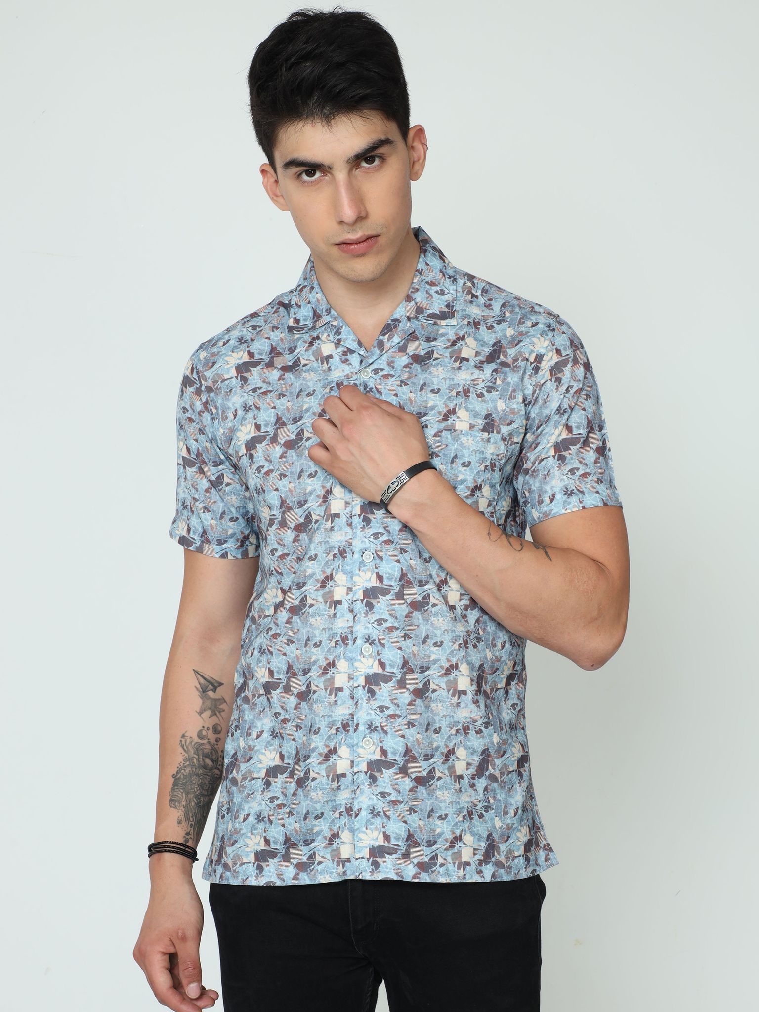 Classic Polo Mens Cotton Half Sleeve Printed Slim Fit Polo Neck Blue Color Casual Shirt | SBO2-89 A-HS-PRT-BSL