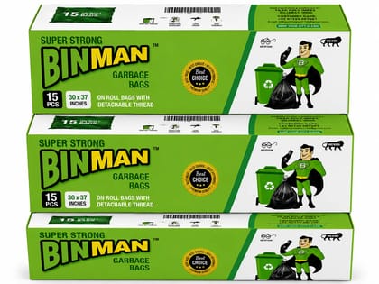 BINMAN Super Strong Garbage Bags on Roll with Detachable Thread | 15 Bags | 30 x 37  Inches | Heavy Duty Disposable Trash Bags for Home, Office & Commercial Use Pack of 3