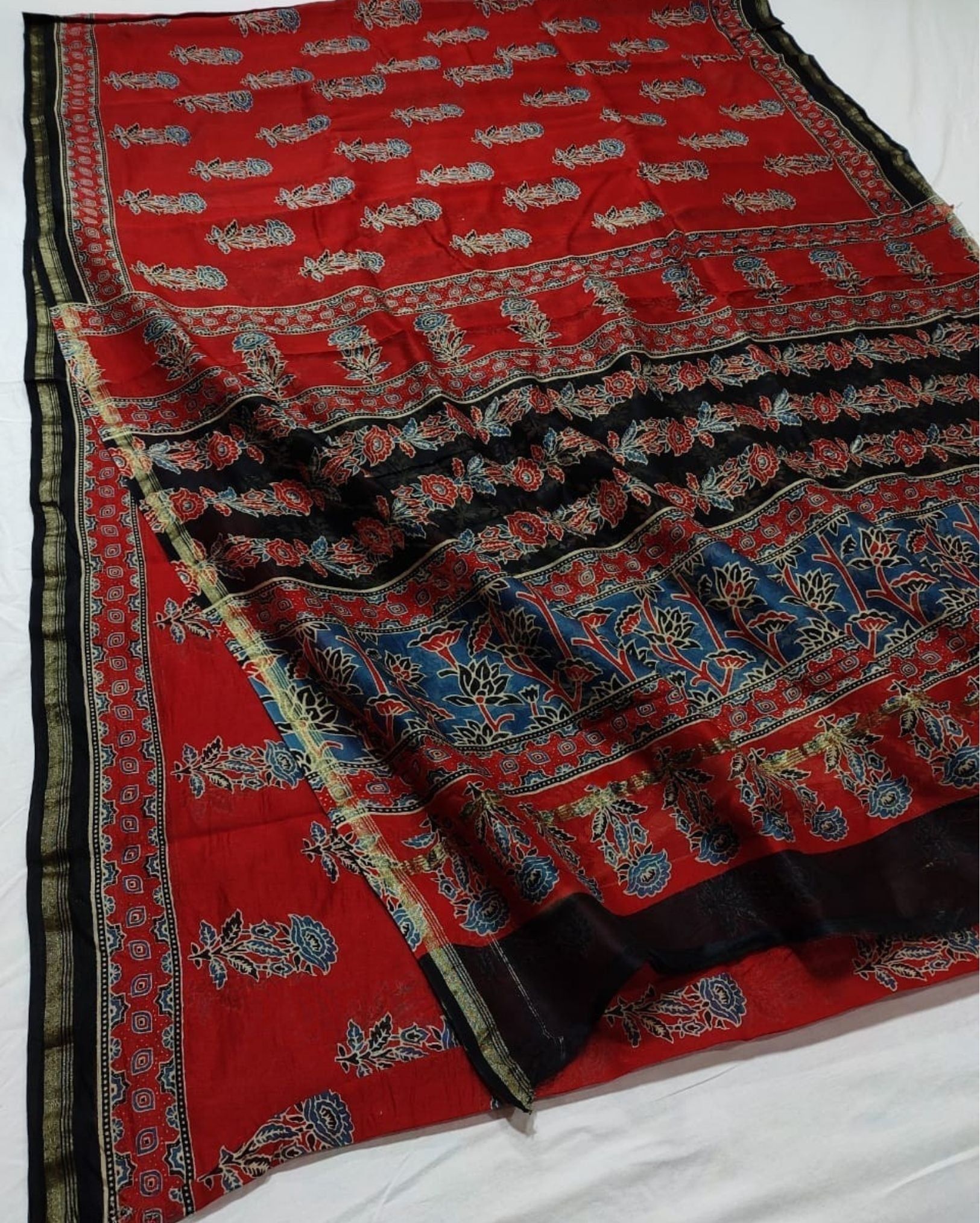 Lehrayein Chanderi Silk Poppy Red Ajrakh Printed Saree