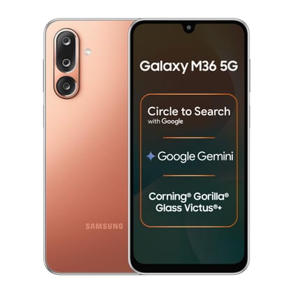 Samsung Galaxy M36 5G Mobile (Orange Haze, 8GB RAM, 128GB Storage) | Google Gemini| Gorilla Glass Victus+ | 7.7mm | AI Enhanced 50MP OIS Triple Camera | Nightography| Lag-free Gaming | Without Charger Samsung Galaxy M36 5G Mobile (Orange Haze, 8GB RAM, 1