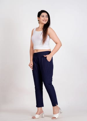 Women's Navy Blue Cotton Trouser Pant - Regular Fit for Office, School, and Casual Wear-S / Navy Blue / 100% Cotton