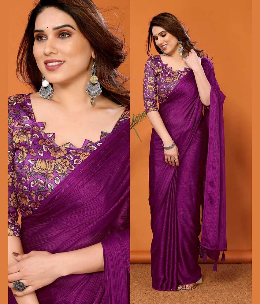 SARIK  FASHION Silk Striped Saree With Unstitched Blouse Piece ( Magenta )