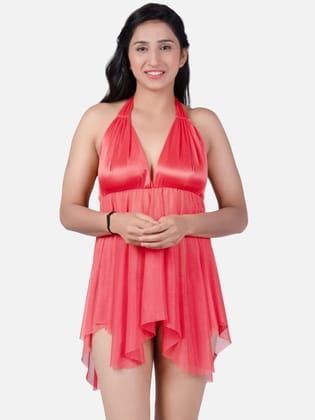 Sheer Net Hot Peach Babydoll Bikini Night Dress for Honeymoon K6HH