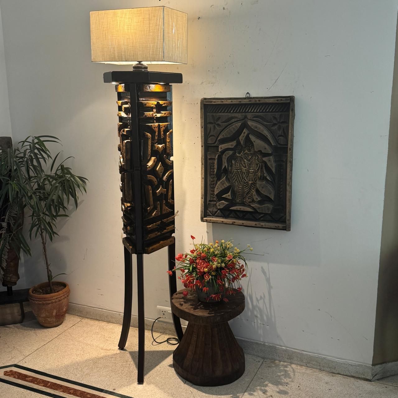 Stylish Wooden Floor Lamp with Wooden Cutout Detail  : Noor 36 ( Shade Included)