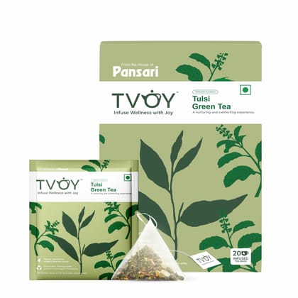 TVOY Tulsi Green Tea Bags | Organic Pyramid Tea Bags | Detox & Weight Loss Support | 20 Biodegradable Bags | Tulsi & Green Tea Blend for Immunity & Wellness | Tvoy Tulsi Tea
