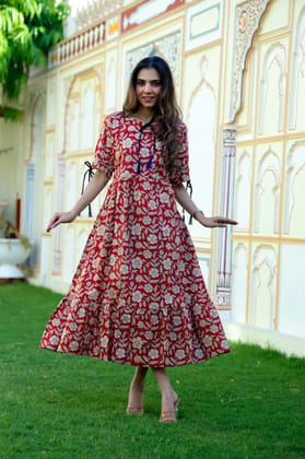 TRADITIONAL BAGRU PRINTBagru Hand Block Printed Cotton One Piece DressAttached Dori with Tussle in Neck Line